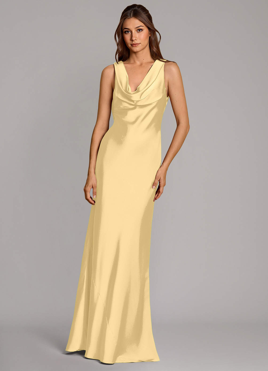 Cheryl Mermaid Cowl-Neck Stretch Satin Bridesmaid Dress in Butter