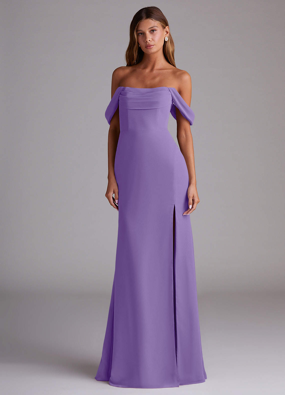 Saige A-Line Off-the-Shoulder Chiffon Bridesmaid Dress in Tahiti