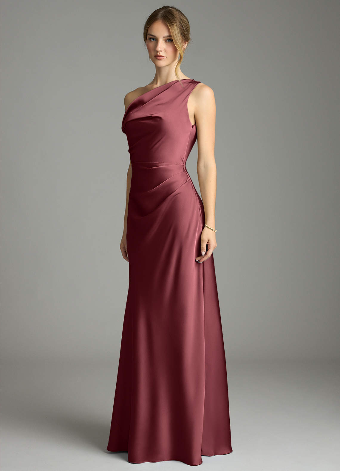 Emerson Mermaid One-Shoulder Stretch Satin Bridesmaid Dress in Merlot