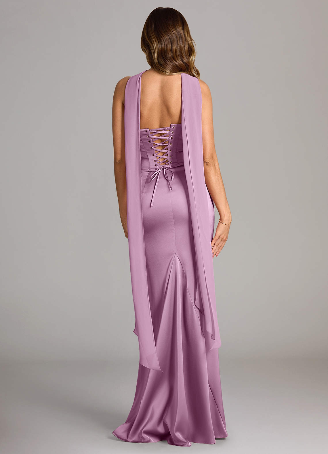 Sorrel Mermaid Cowl-Neck Stretch Satin and Chiffon Bridesmaid Dress in Wisteria