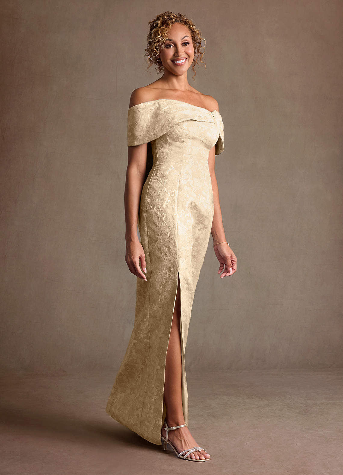Zion Sheath Off-the-Shoulder Jacquard Mother of the Bride Dress in champagne