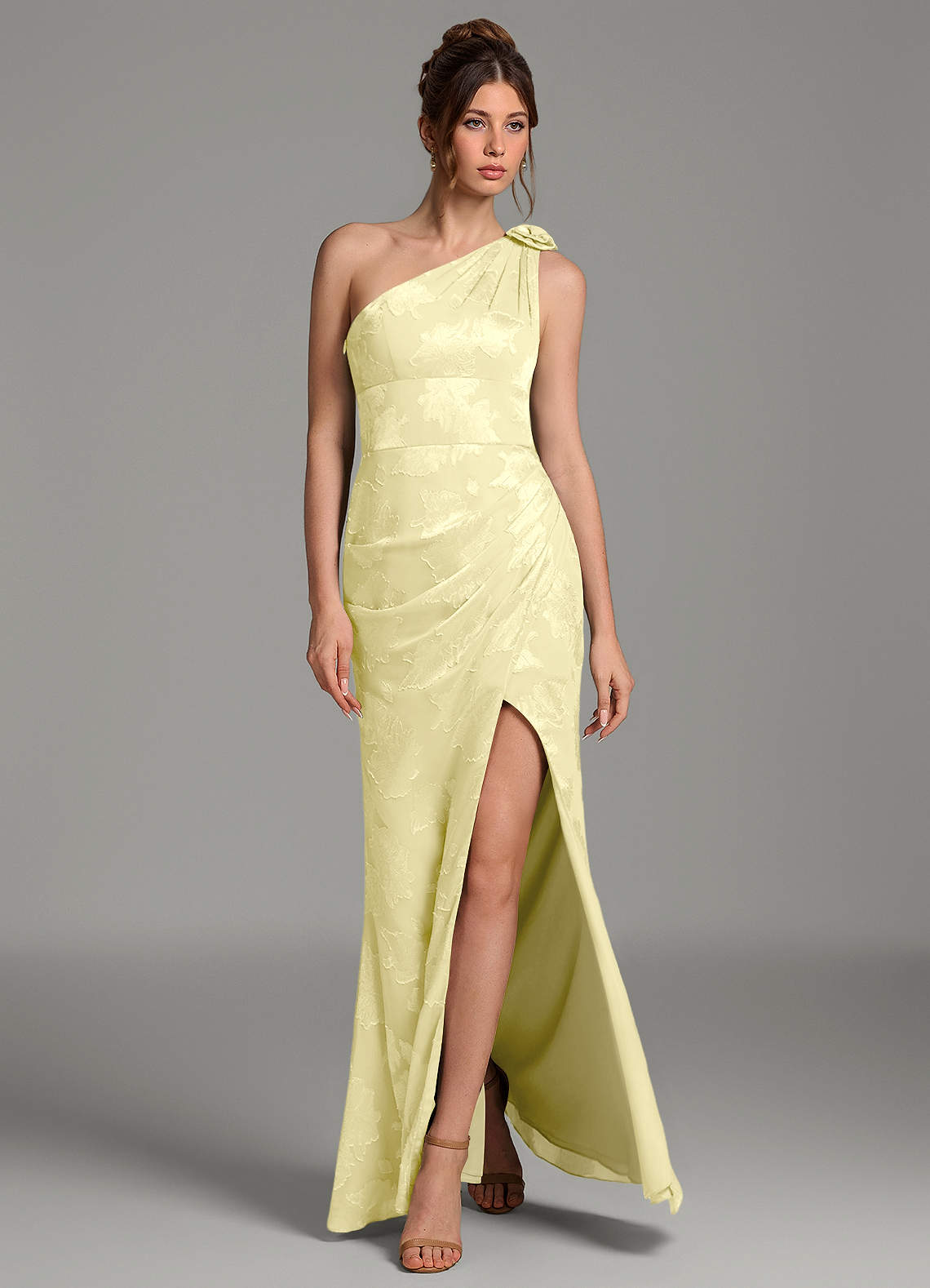 Yanie Mermaid One-Shoulder Jacquard Bridesmaid Dress in Lemon Sorbet