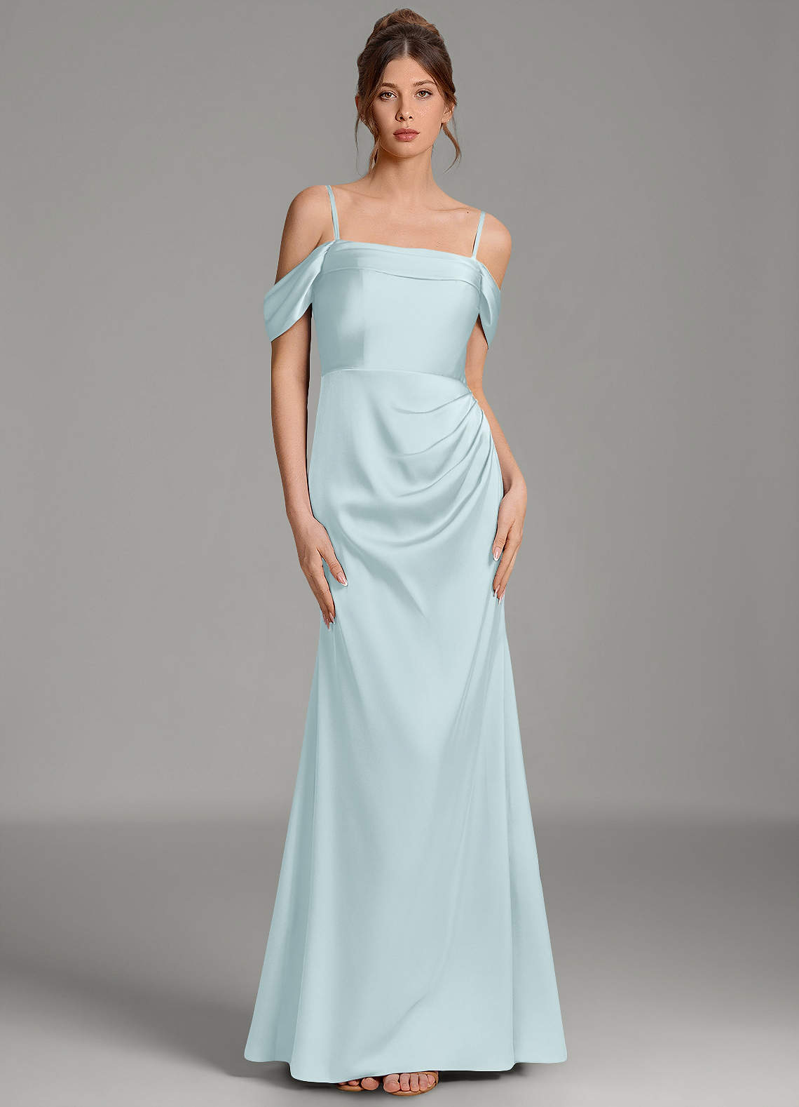 Wyatt Mermaid Off-the-Shoulder Stretch Satin Bridesmaid Dress in Mist