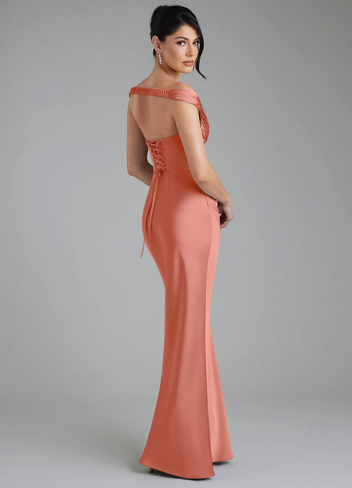 Stella Sheath V-Neck Stretch Satin Bridesmaid Dress in Salmon Pink