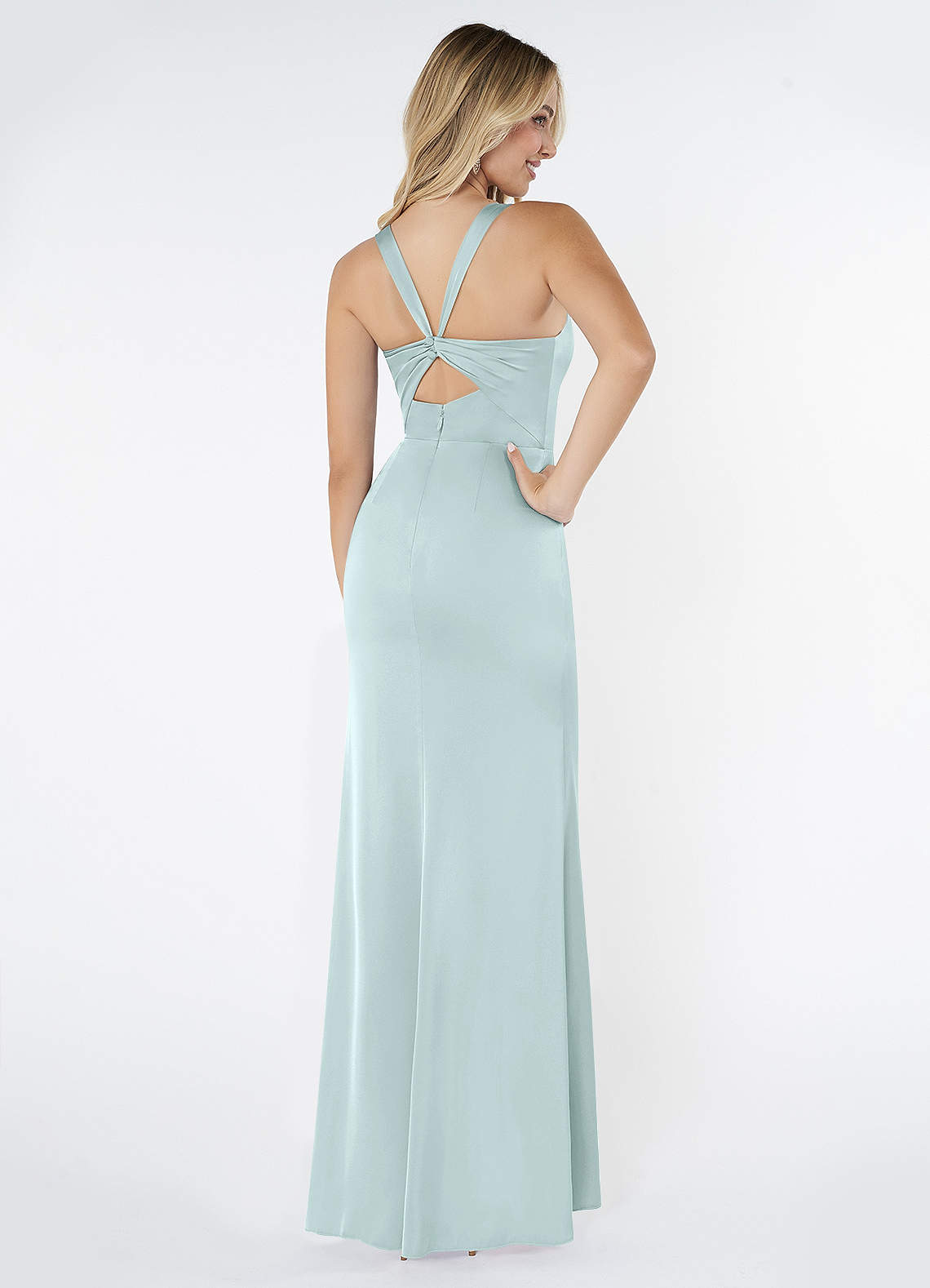 Mero Mermaid Square-Neck Stretch Satin Bridesmaid Dress in Sea Glass