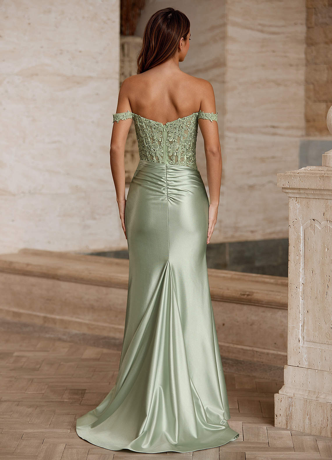 Wrentino Mermaid Off-the-Shoulder Stretch Satin Evening Dress in Light Green