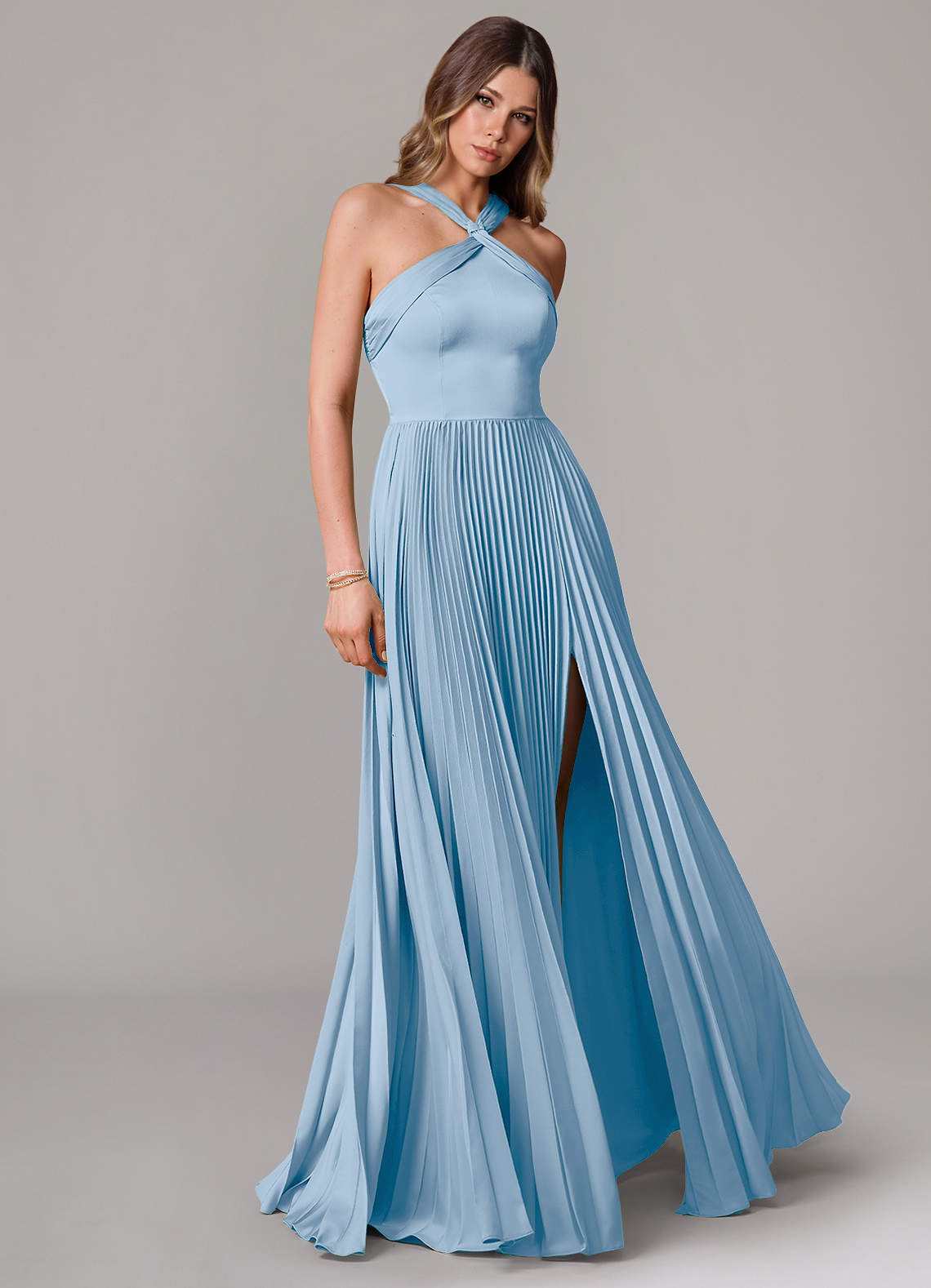 Afra A-Line Halter-Neck Stretch Satin Bridesmaid Dress in Powder Blue