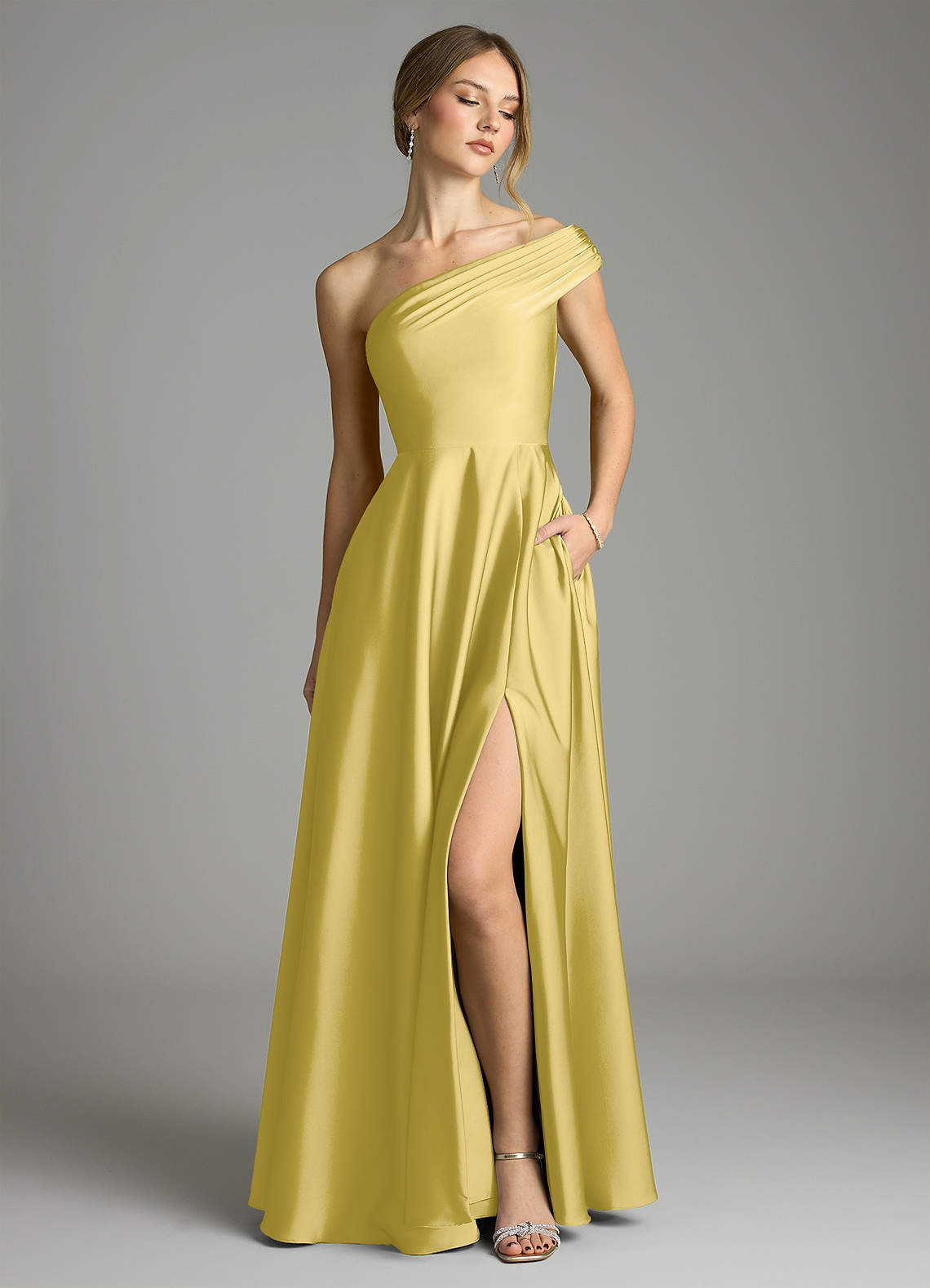 Melanie A-Line One-Shoulder Stretch Satin Bridesmaid Dress in Canary