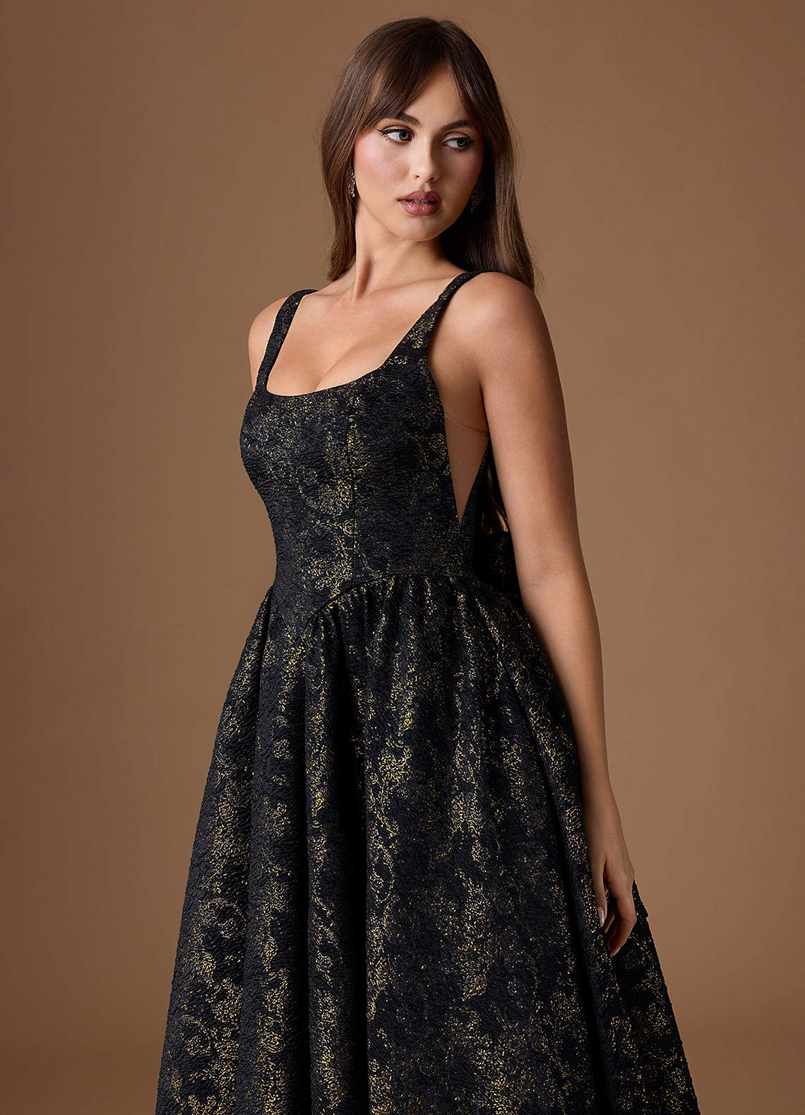 Bea A-Line Square-Neck Brocade Evening Dress in Gilded Midnight