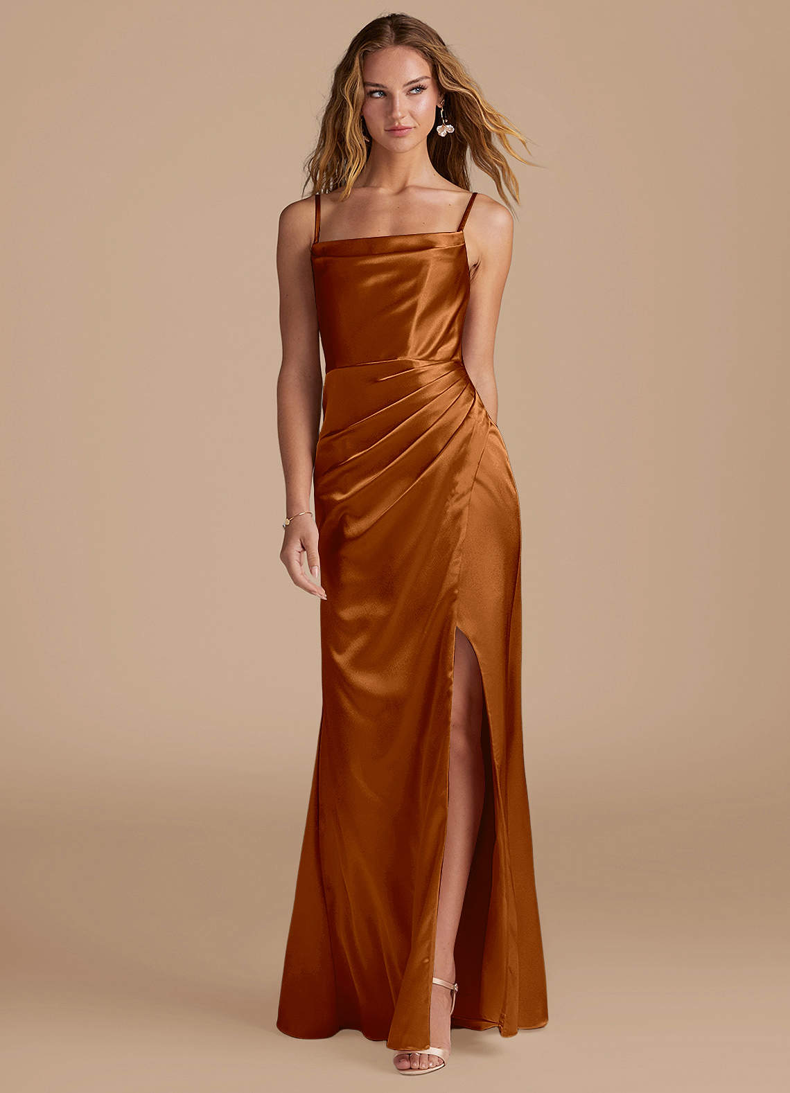 Marzia Mermaid Square-Neck Metallic Satin Bridesmaid Dress in Copper