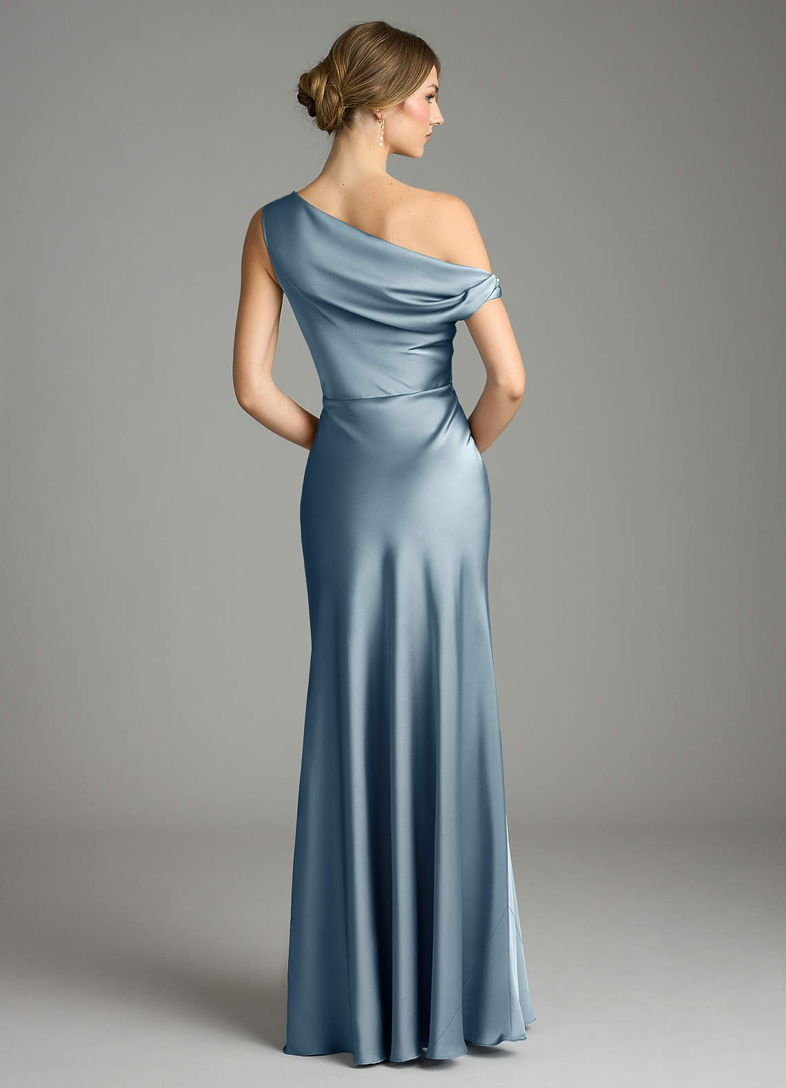 Emerson Mermaid One-Shoulder Stretch Satin Bridesmaid Dress in dusty blue