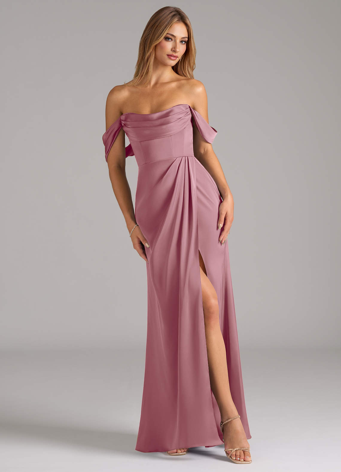 Johana Mermaid Off-the-Shoulder Stretch Satin Bridesmaid Dress in Vintage Mauve