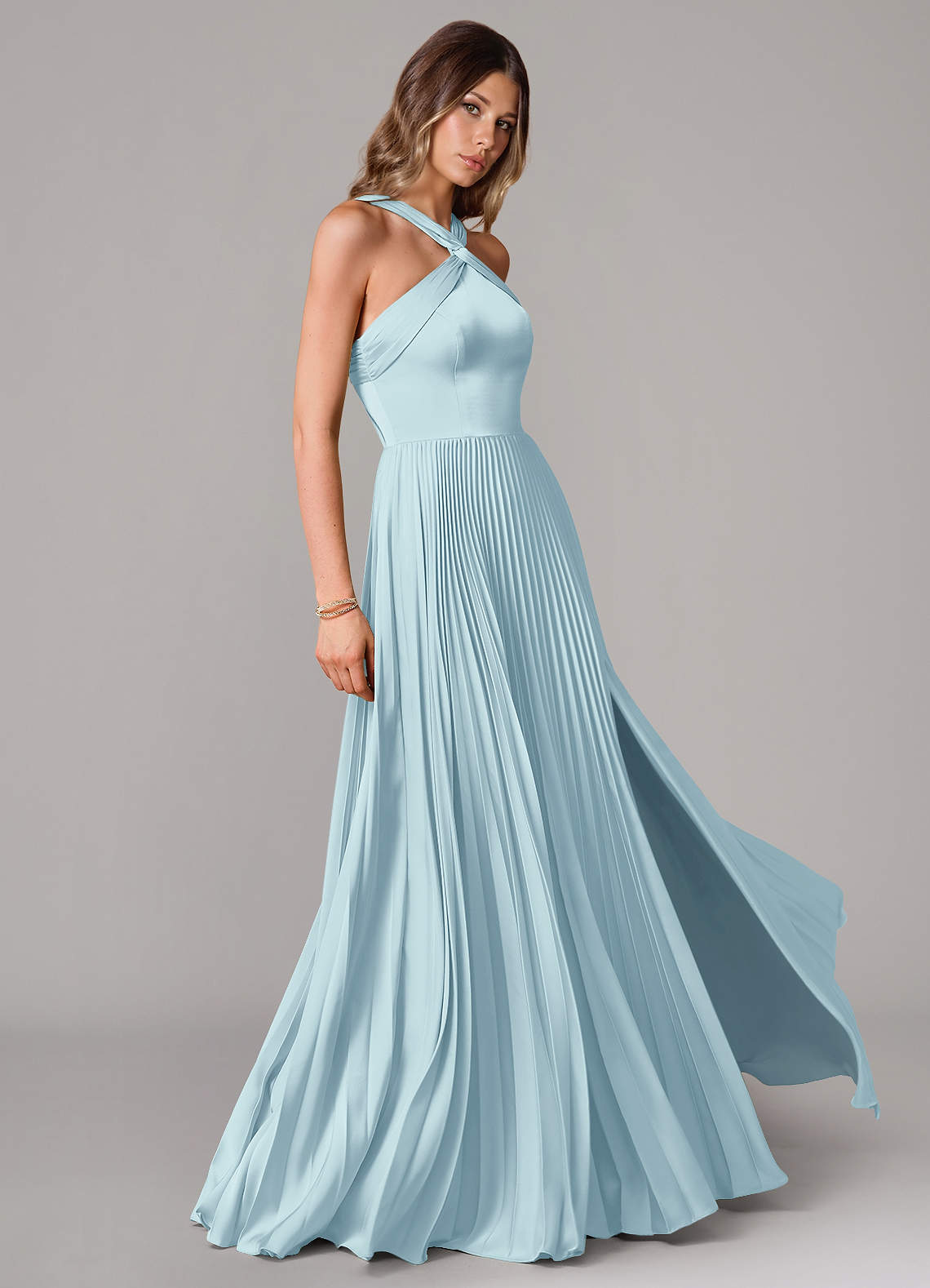 Afra A-Line Halter-Neck Stretch Satin Bridesmaid Dress in Cloud Blue