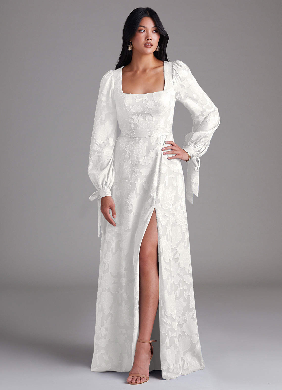 Leonia A-Line Square-Neck Stretch Satin Bridesmaid Dress in white
