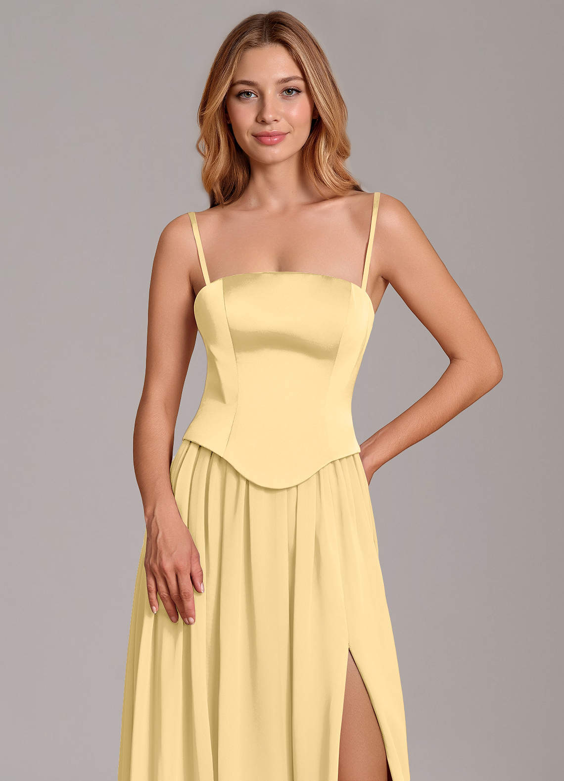 Cadence A-Line Strapless Chiffon and Stretch Satin Bridesmaid Dress in Butter