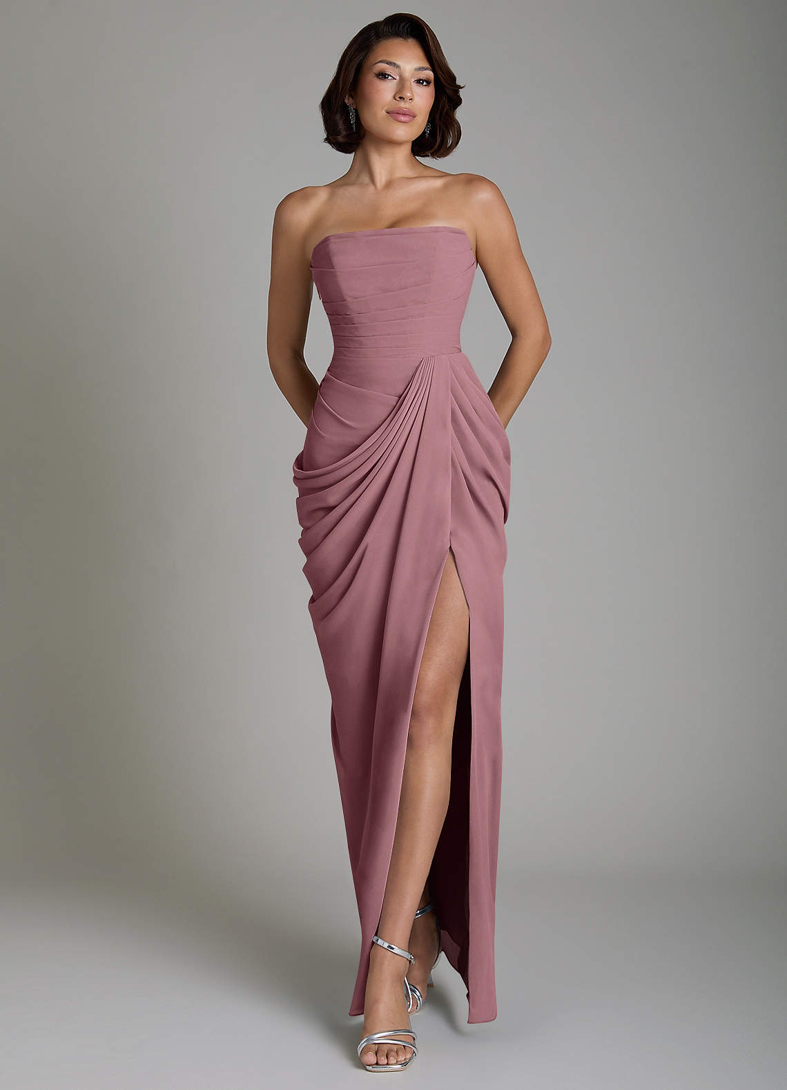 Nyra Sheath Strapless Chiffon Bridesmaid Dress in Amethyst