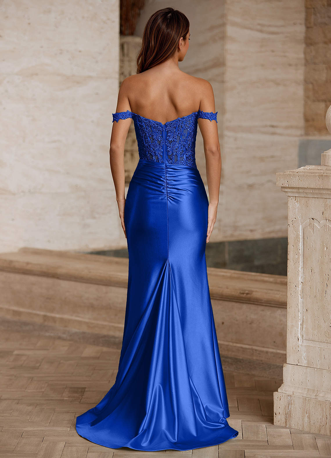 Wrentino Mermaid Off-the-Shoulder Stretch Satin Evening Dress in Royal Blue