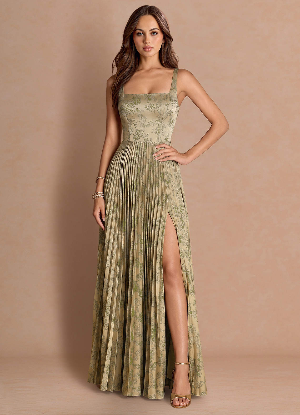 Tatiana A-Line Square-Neck Jacquard Wedding Guest Dress in Green Brown