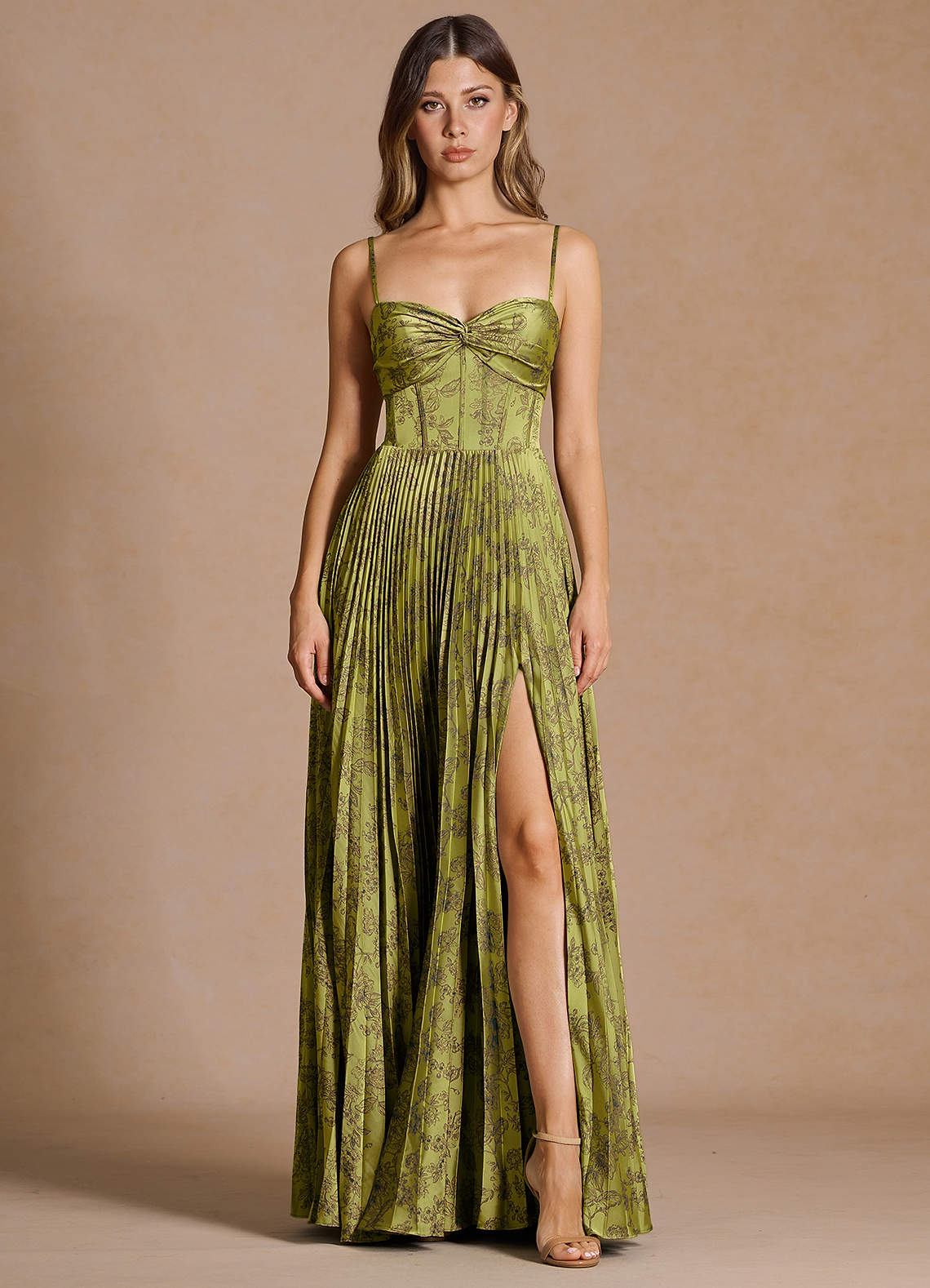 Vesper Pleated Knot-Neck Jacquard Wedding Guest Dress in Moss Brown
