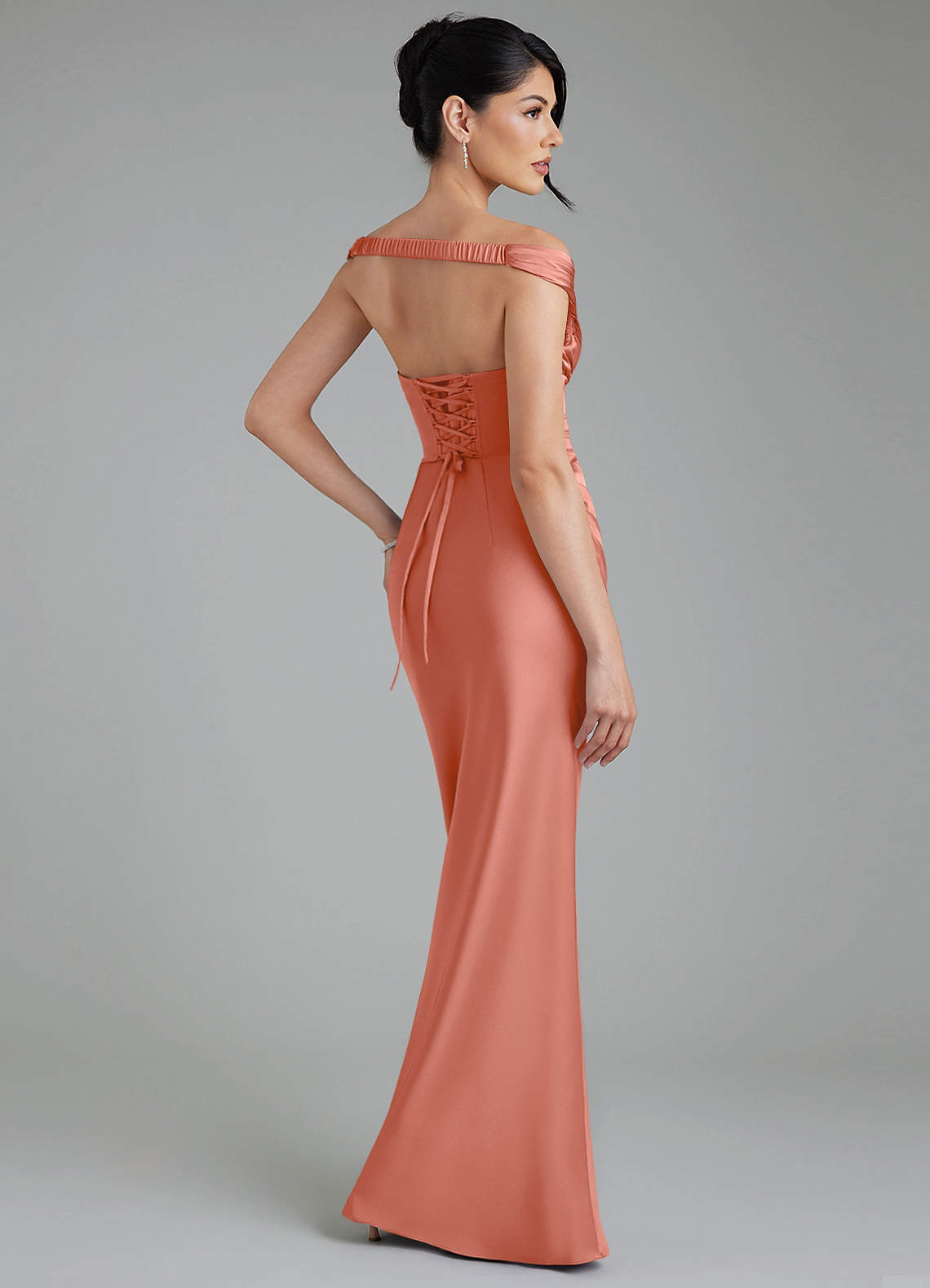 Stella Sheath V-Neck Stretch Satin Bridesmaid Dress in Salmon Pink