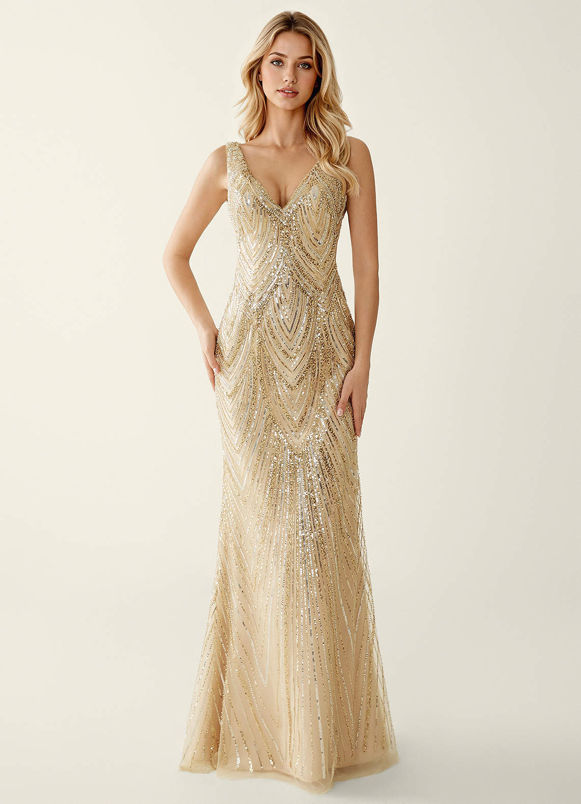 Hazelen Plunging V-Neck Chevron Sequin Tulle Evening Dress in Champagne