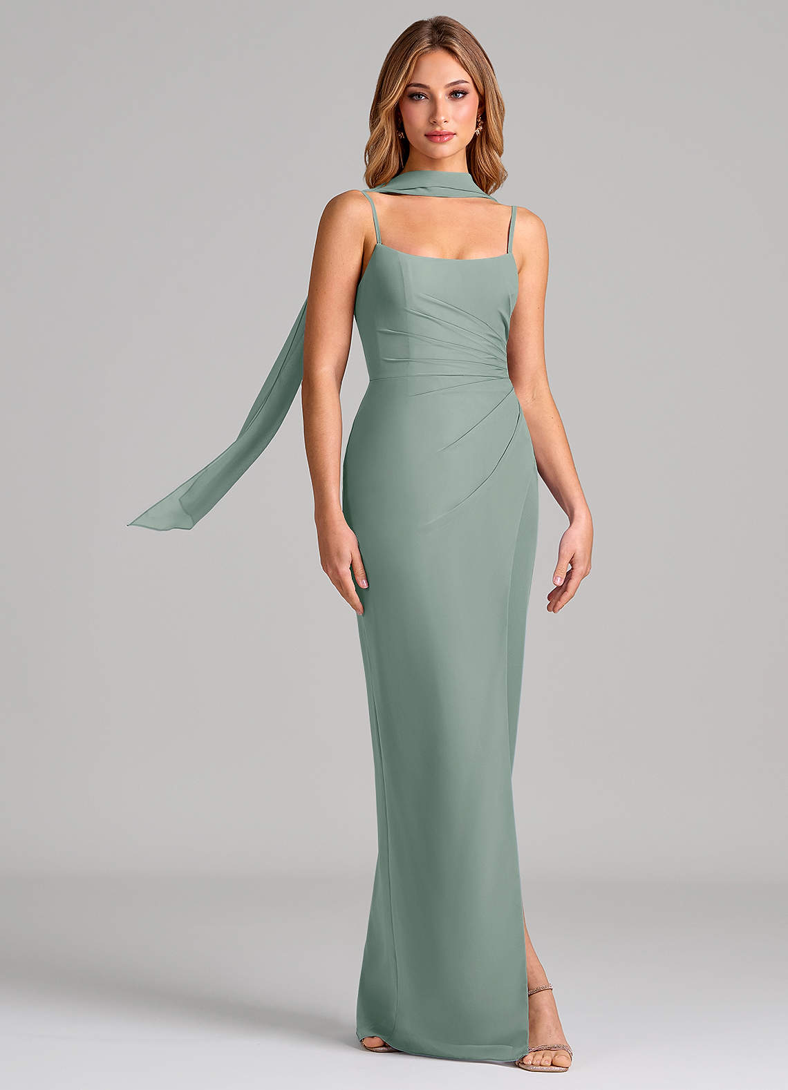 Calandra Sheath Scoop-Neck Chiffon Bridesmaid Dress in Silver Sage