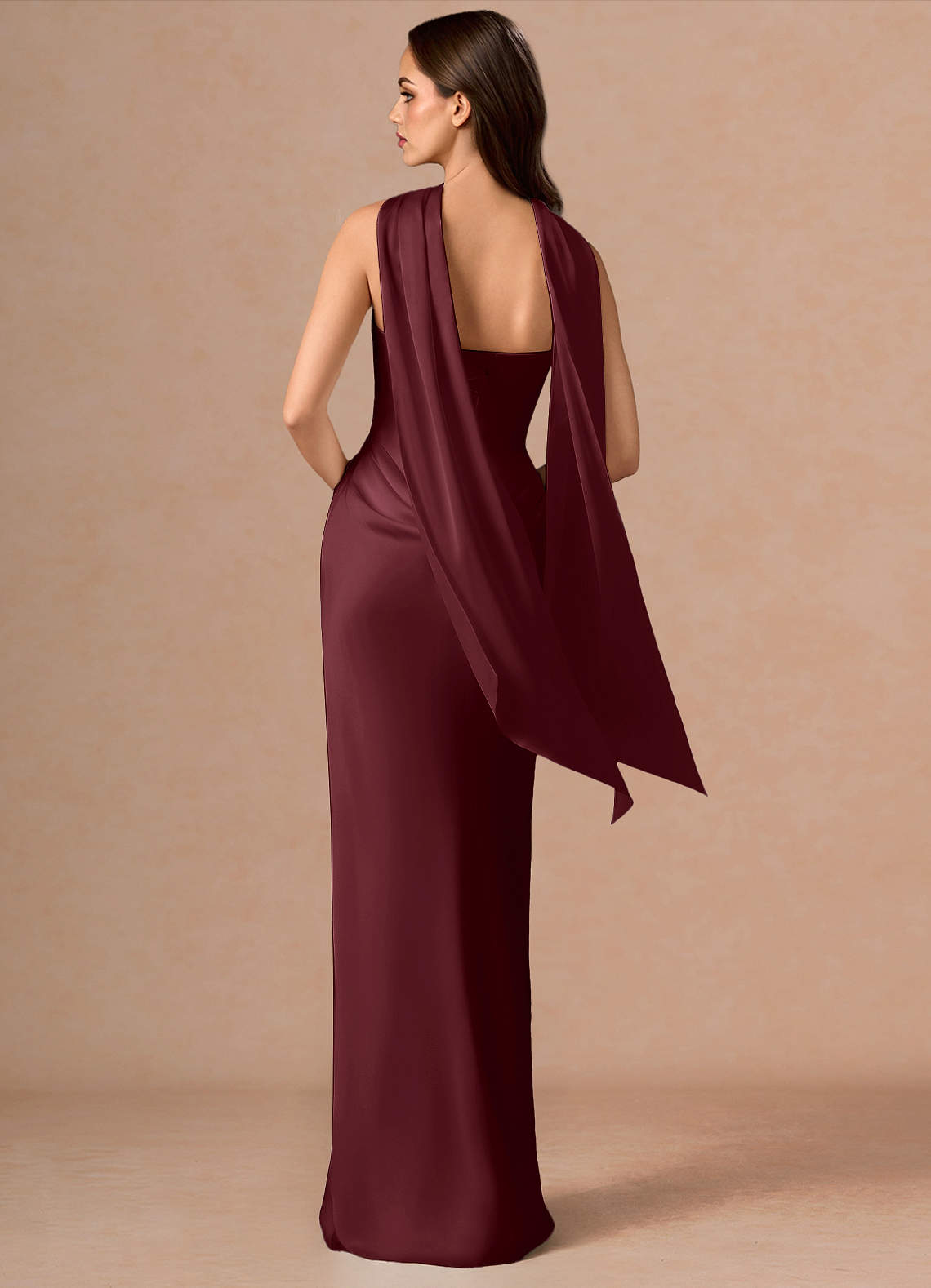 Valencia Scarf Lace-Up Stretch Satin Evening Dress in Wine