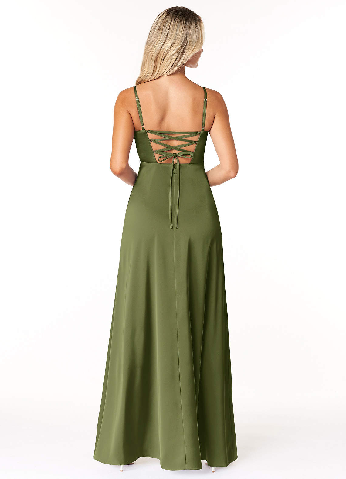 Marchella A-Line V-Neck Stretch Satin Bridesmaid Dress in Olive