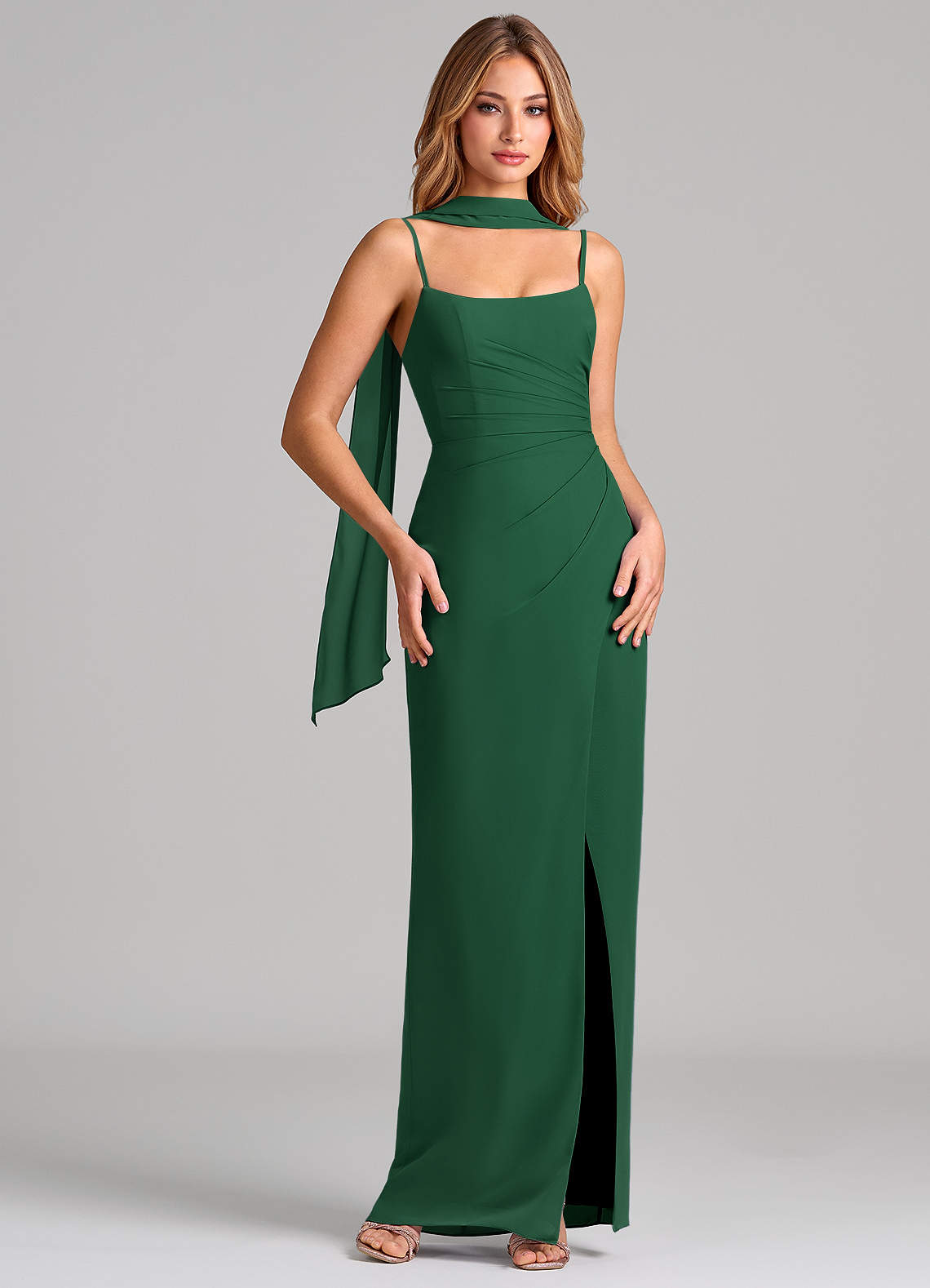 Calandra Sheath Scoop-Neck Chiffon Bridesmaid Dress in Dark Green