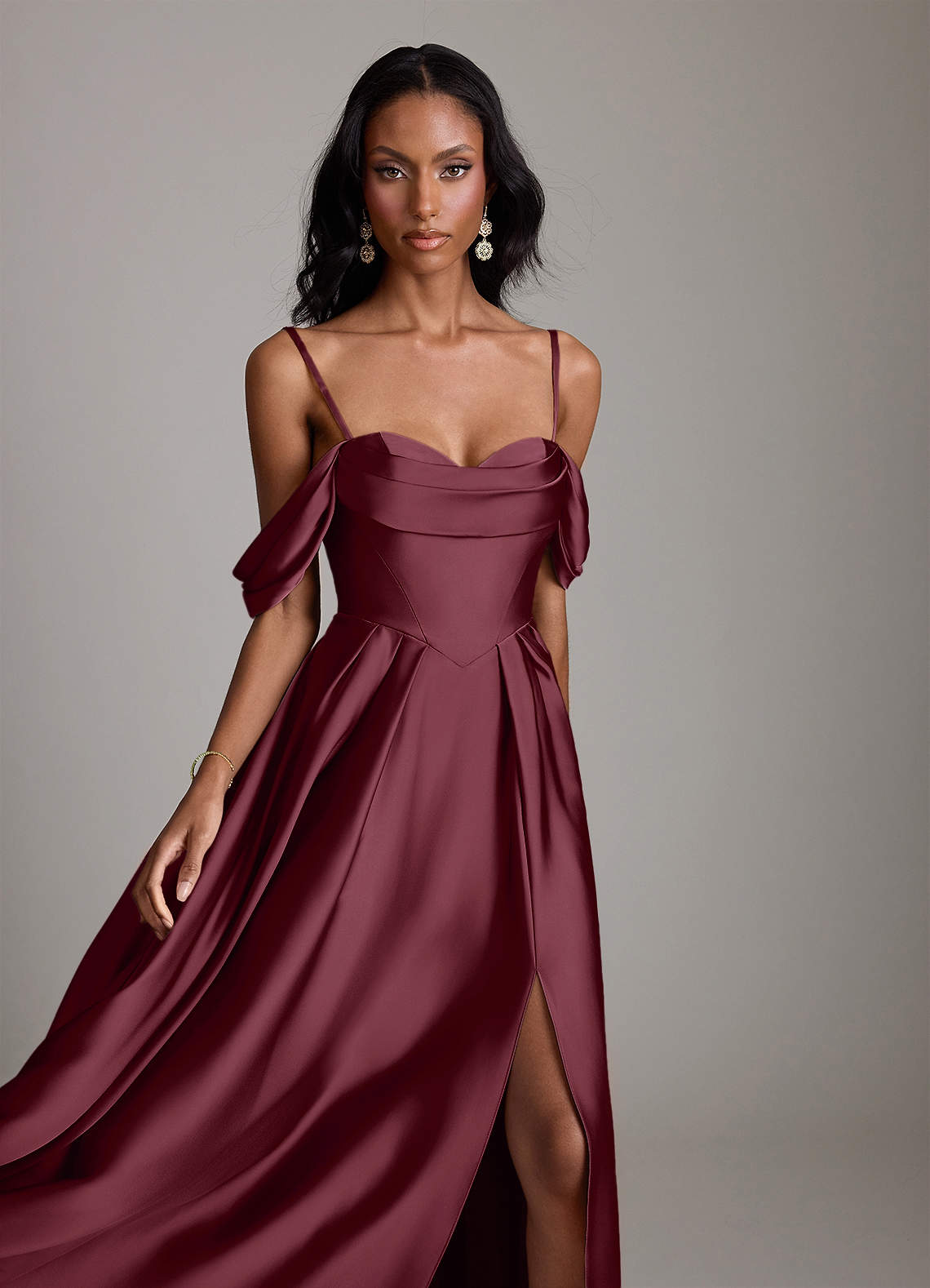 Loisa A-Line Off-the-Shoulder Stretch Satin Bridesmaid Dress in Cabernet