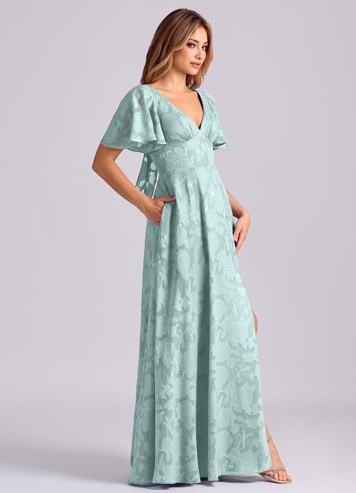Kimber A-Line V-Neck Floral Burnout Bridesmaid Dress in Mist