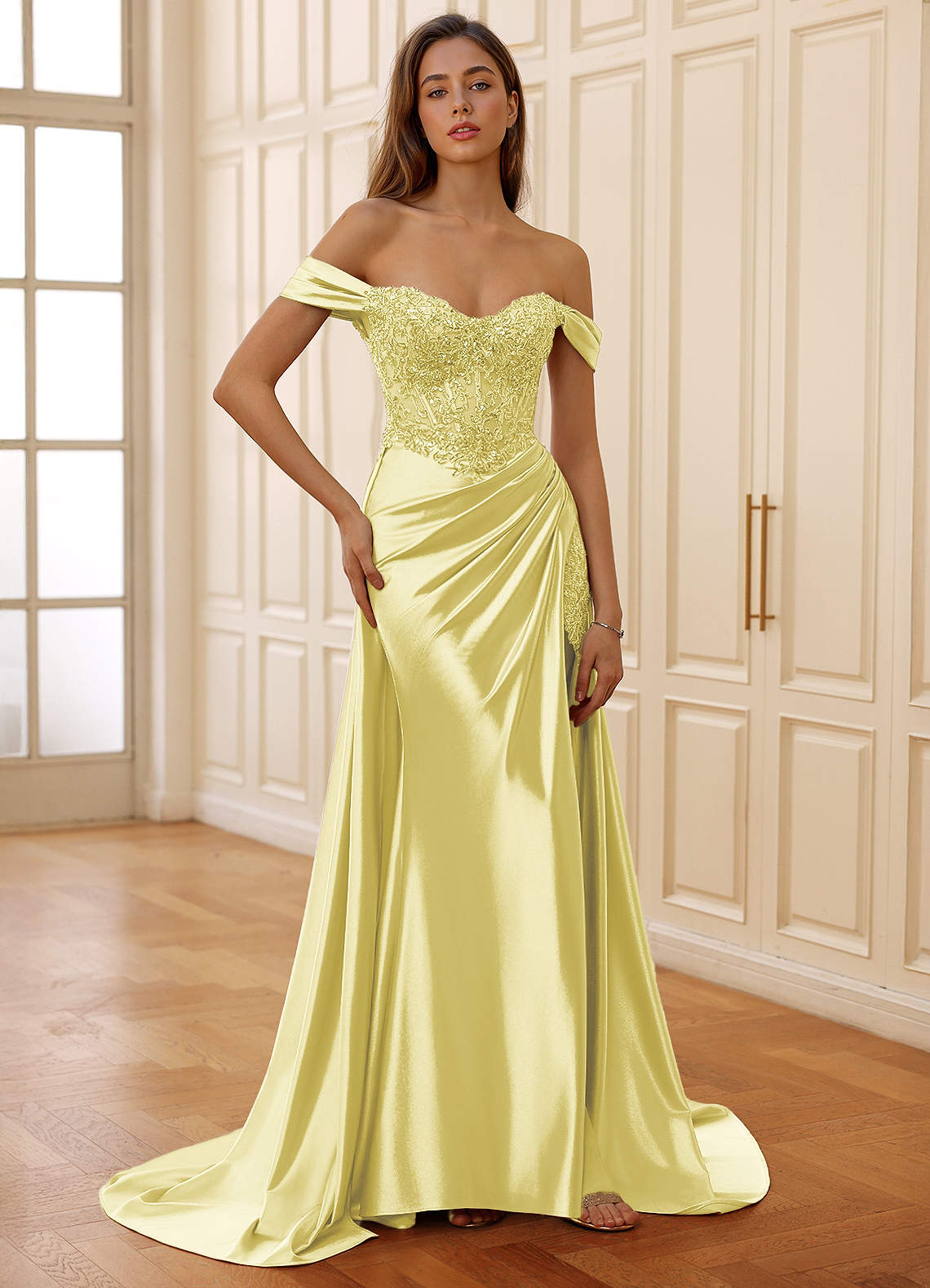 Rowane A-Line Off-the-Shoulder Satin Evening Dress in Plum