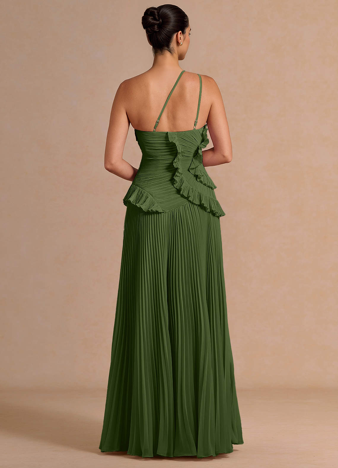 Melody A-Line One-Shoulder Chiffon Evening Dress in Olive