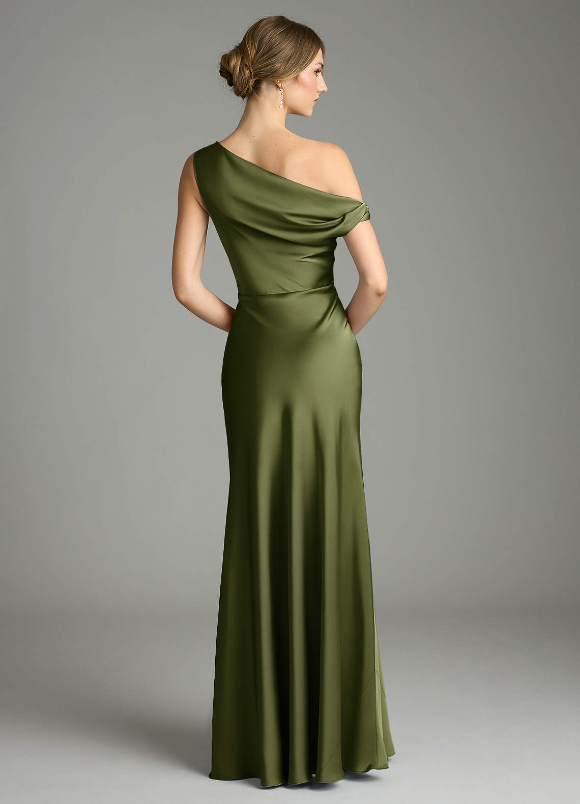 Emerson Mermaid One-Shoulder Stretch Satin Bridesmaid Dress in Olive
