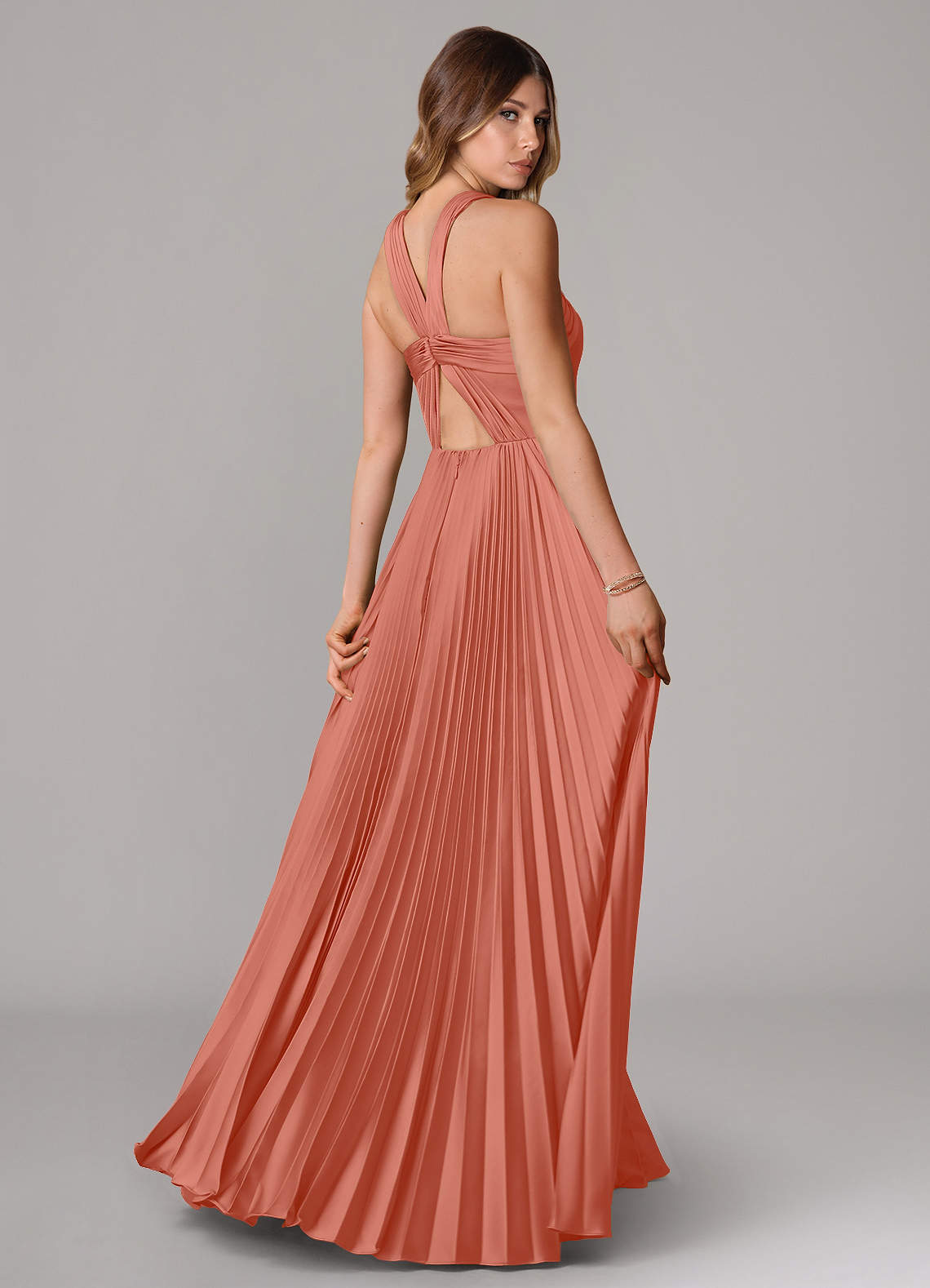 Afra A-Line Halter-Neck Stretch Satin Bridesmaid Dress in Salmon Pink