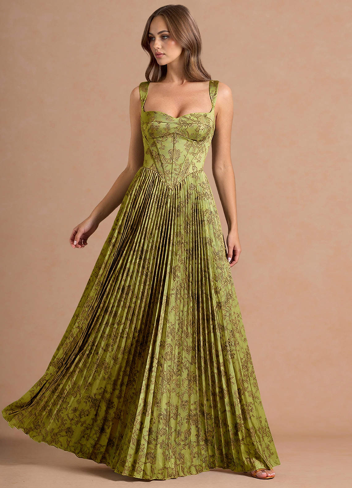 Isonelle A-Line Sweetheart Jacquard Wedding Guest Dress in Moss Brown