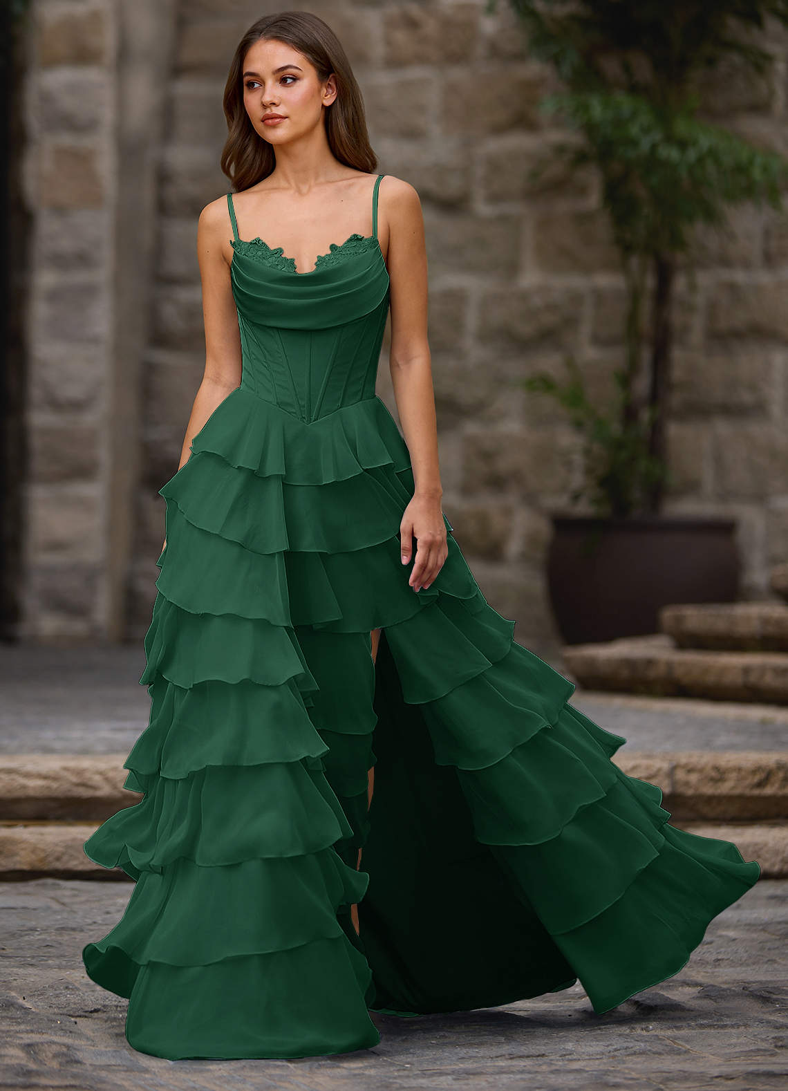 Floralace A-Line Ruffle Chiffon Evening Dress in Emerald Green
