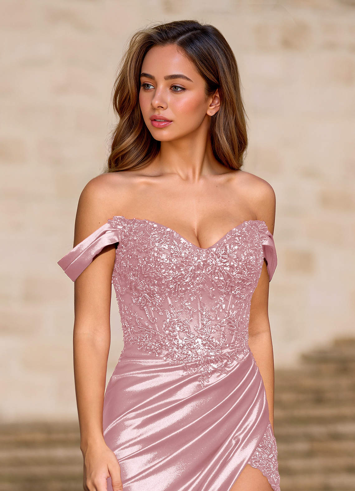 Opulence Mermaid Off-the-Shoulder Satin Evening Dress in Blushing Pink