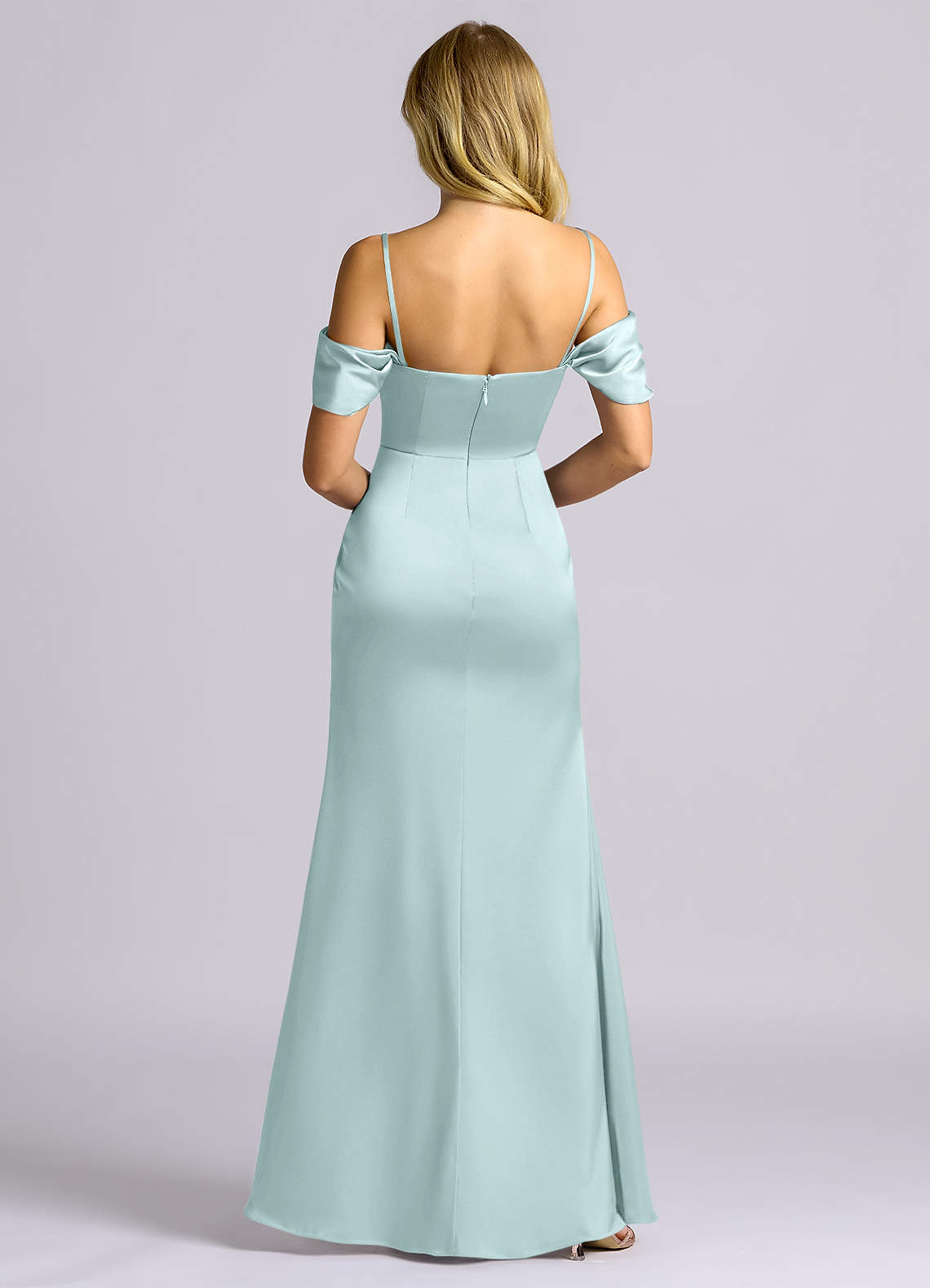 Auden Sheath Off-the-Shoulder Stretch Satin Bridesmaid Dress in Sea Glass