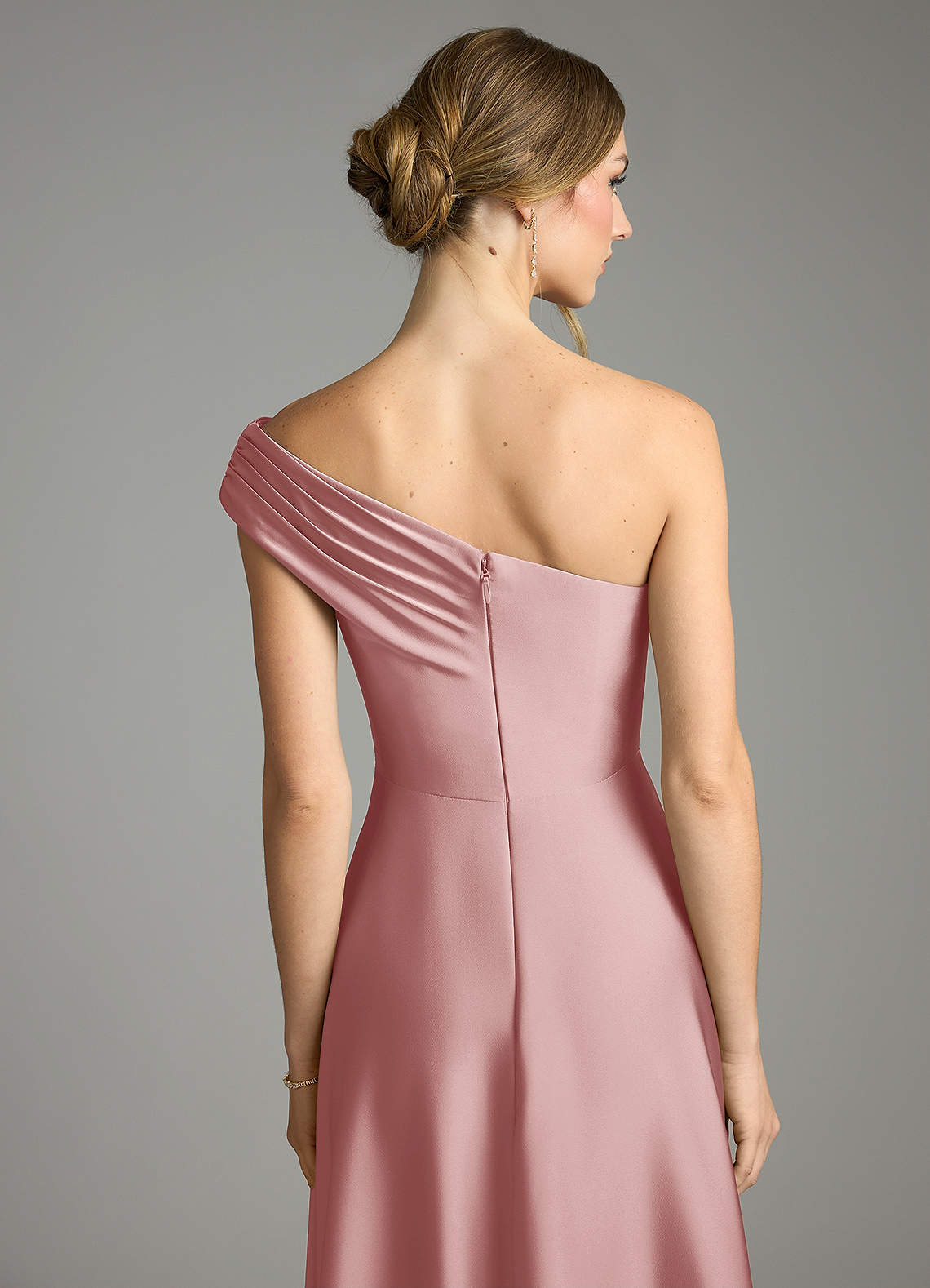 Melanie A-Line One-Shoulder Stretch Satin Bridesmaid Dress in dusty rose