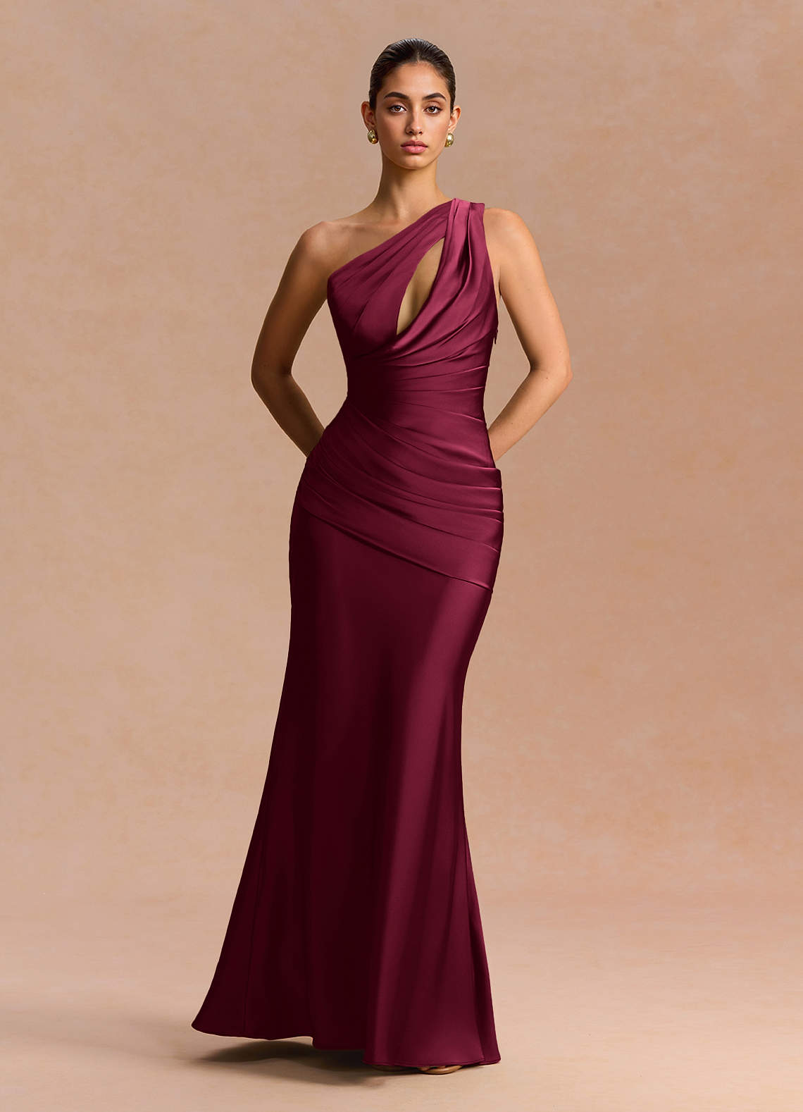 Guinevere One-Shoulder Cutout Stretch Satin Evening Dress in Dusty Blue