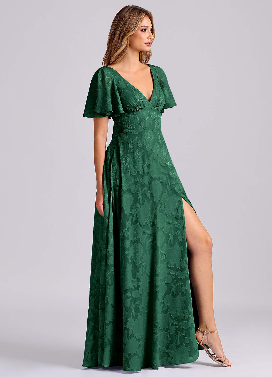 Kimber A-Line V-Neck Floral Burnout Bridesmaid Dress in Dark Green