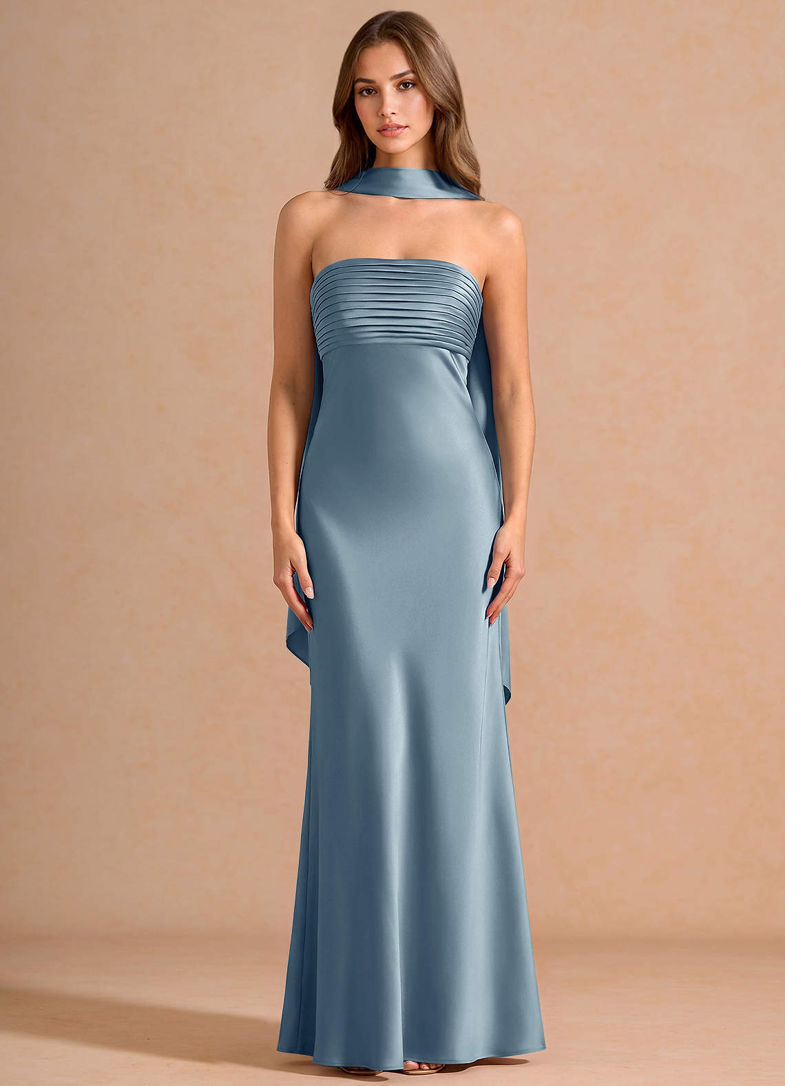 Seraphina A-Line Scarf Stretch Satin Evening Dress in Powder Blue