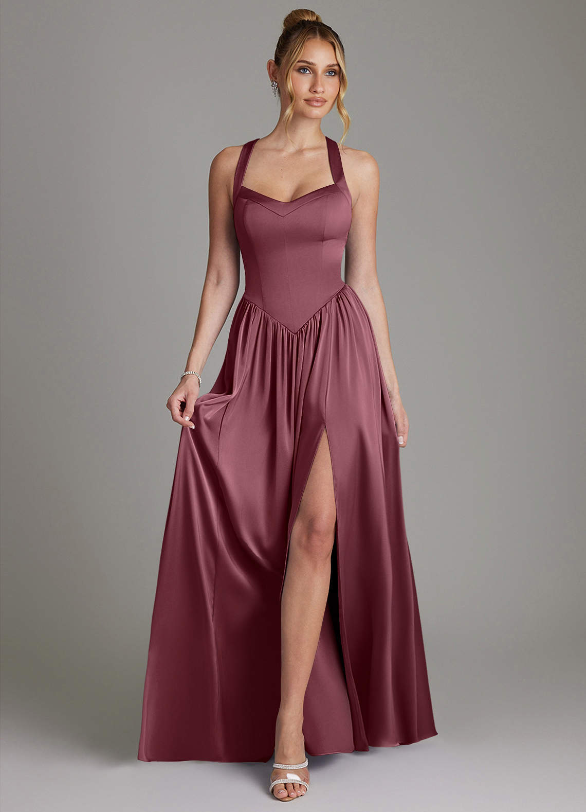 Francis A-Line V-Neck Stretch Satin Bridesmaid Dress in Desert Rose