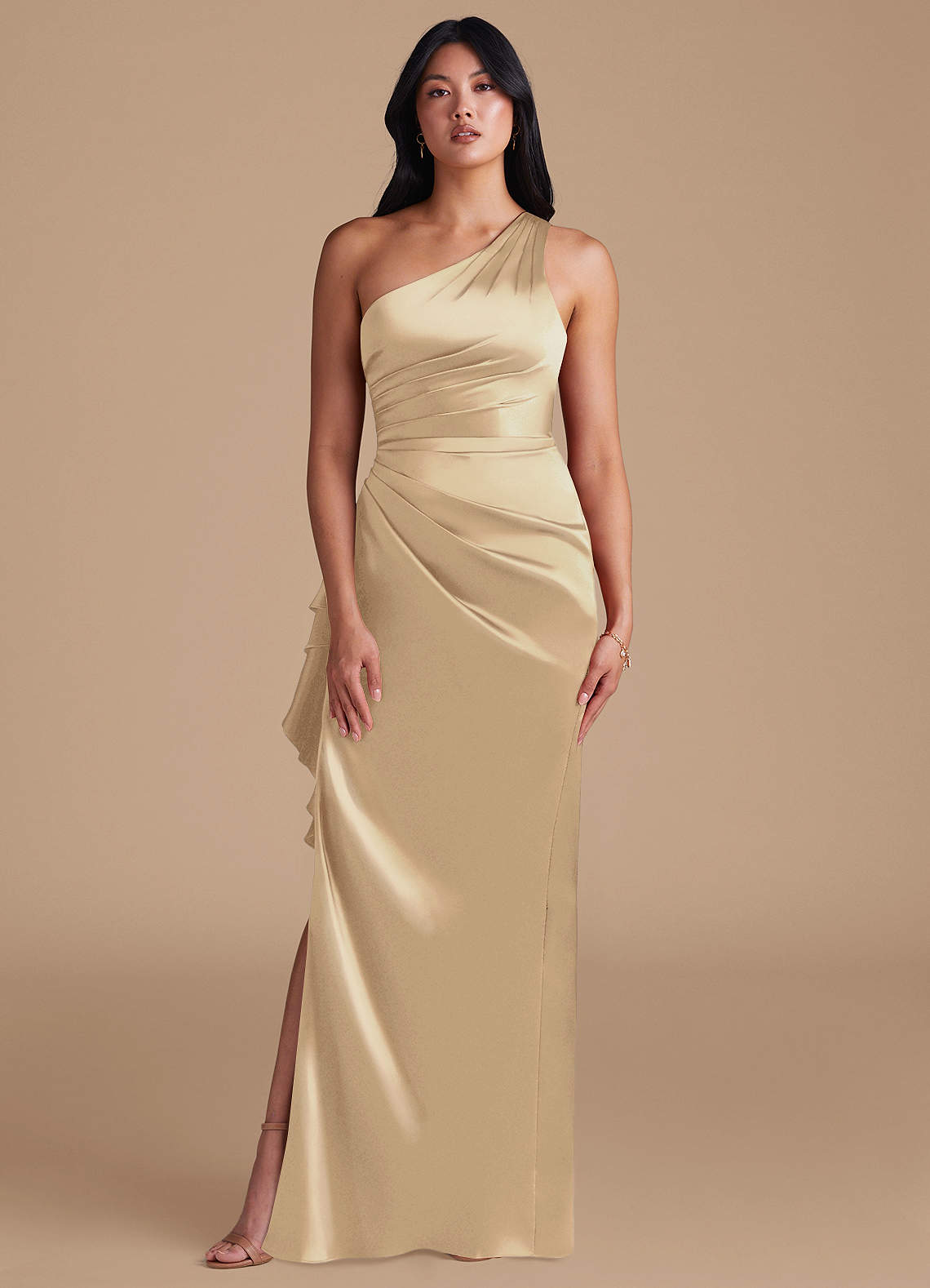Latrice Sheath One-Shoulder Metallic Satin Bridesmaid Dress in Champagne