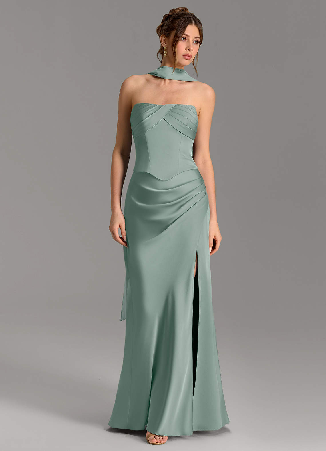 Nicki Sheath Scoop-Neck Stretch Satin Bridesmaid Dress in Silver Sage