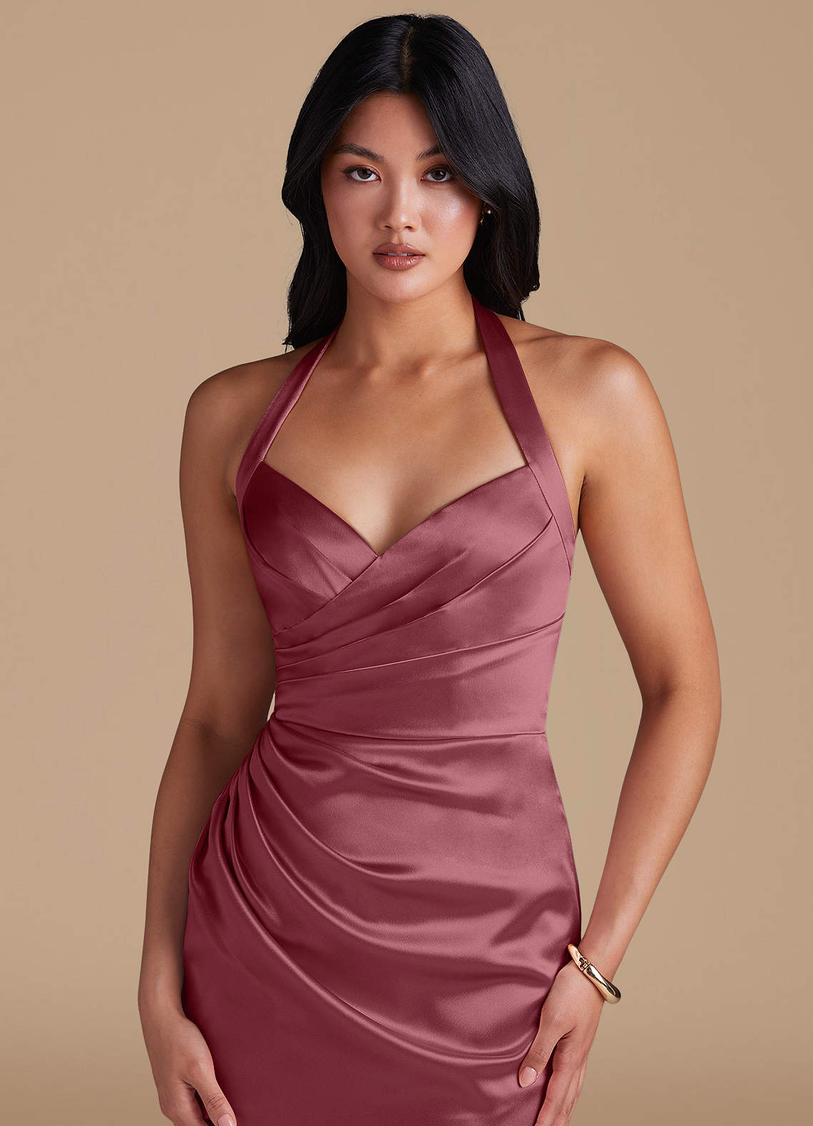 Emeria Sheath Halter Metallic Satin Bridesmaid Dress in Desert Rose