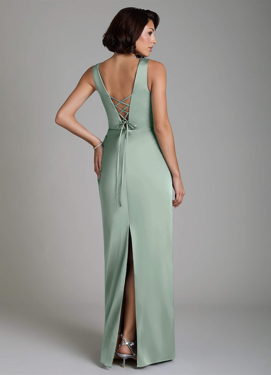 Vanya Sheath V-Neck Stretch Satin Bridesmaid Dress in Agave