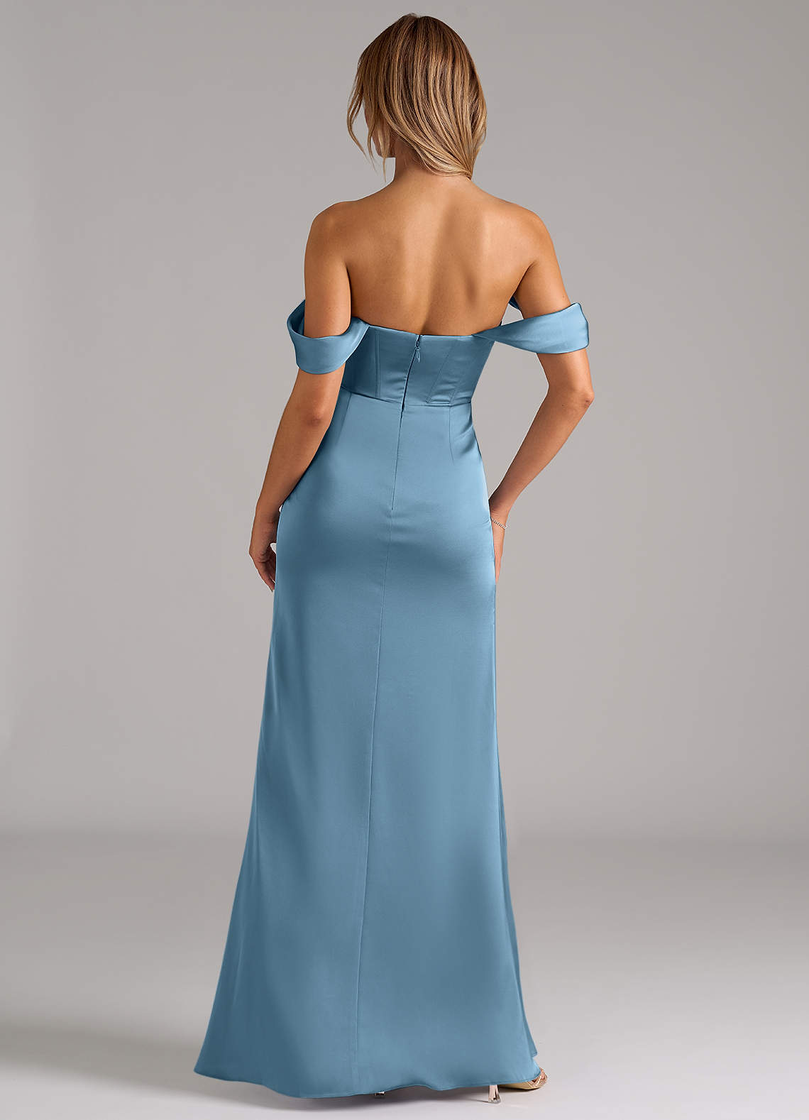 Johana Mermaid Off-the-Shoulder Stretch Satin Bridesmaid Dress in Steel Blue