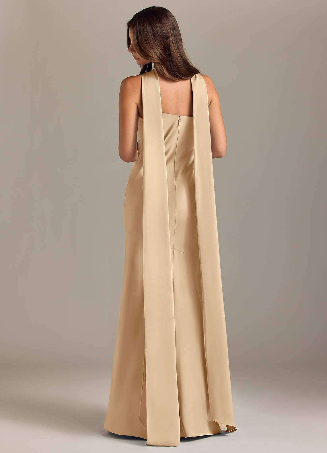 Kinsley Mermaid Halter Stretch Satin Bridesmaid Dress in Champagne